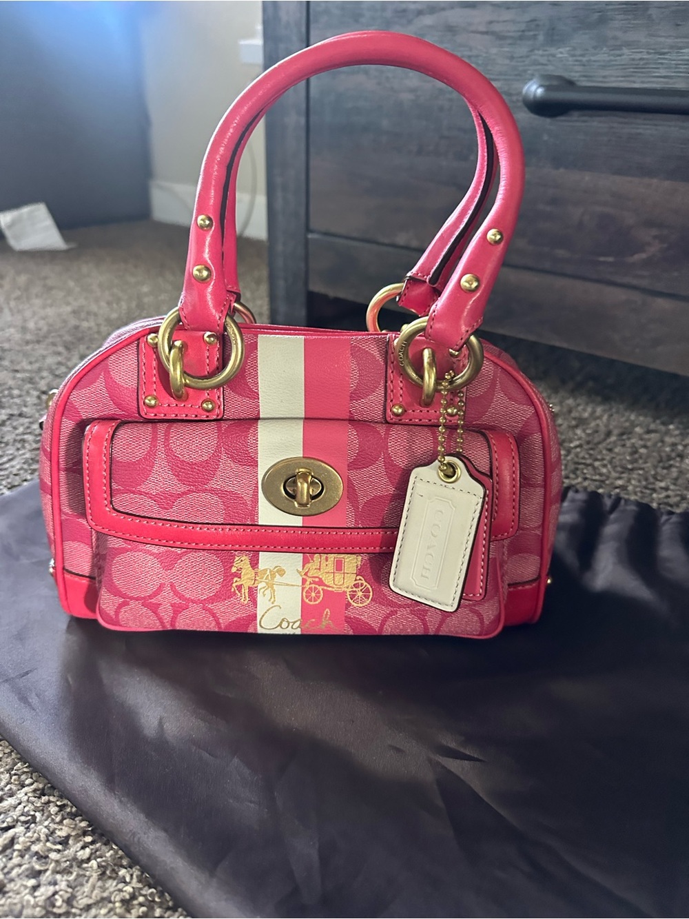 Coach Pink Signature Stripe Satchel with Cream Accent and Gold Hardware